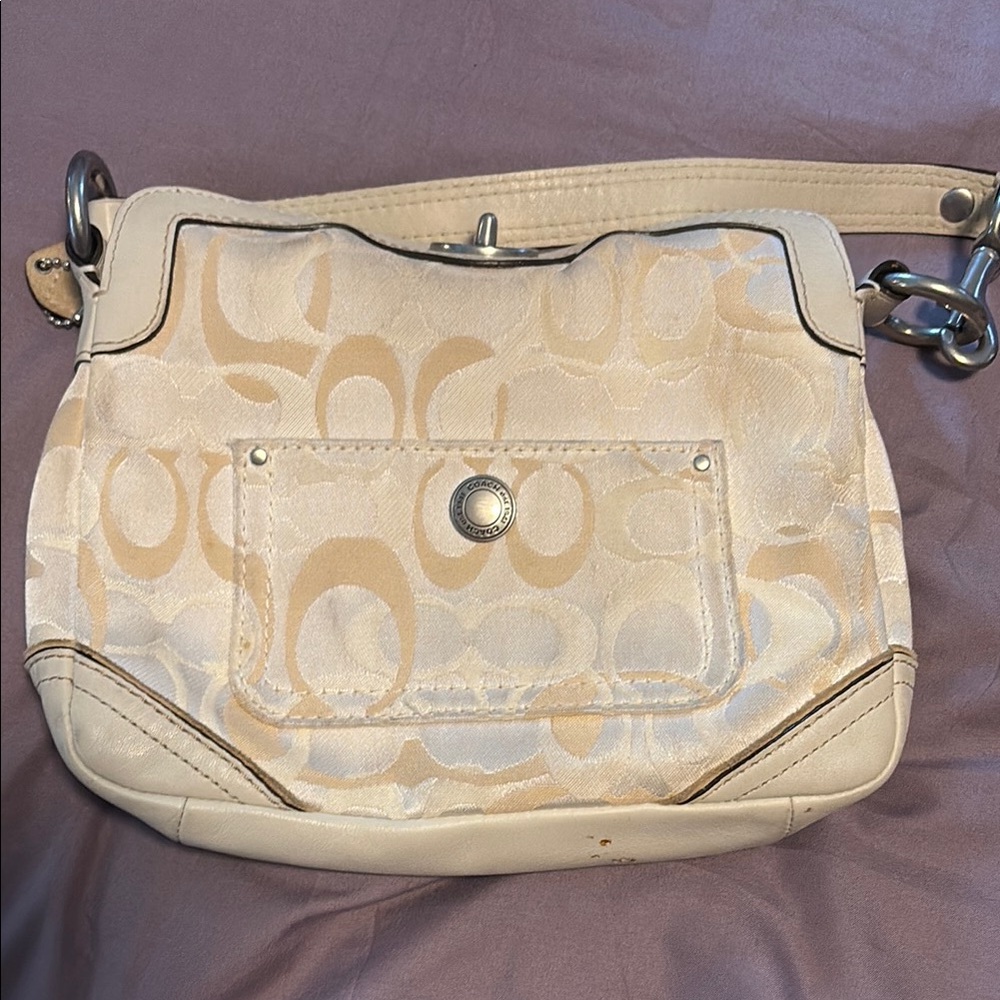 Coach Cream Monogram Shoulder Bag with Leather Trim